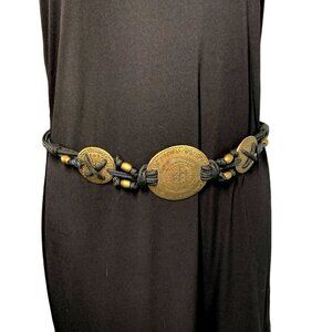 Vintage Leather Shop Brass Medallion Cord Belt Gold/Black 32"L 1994